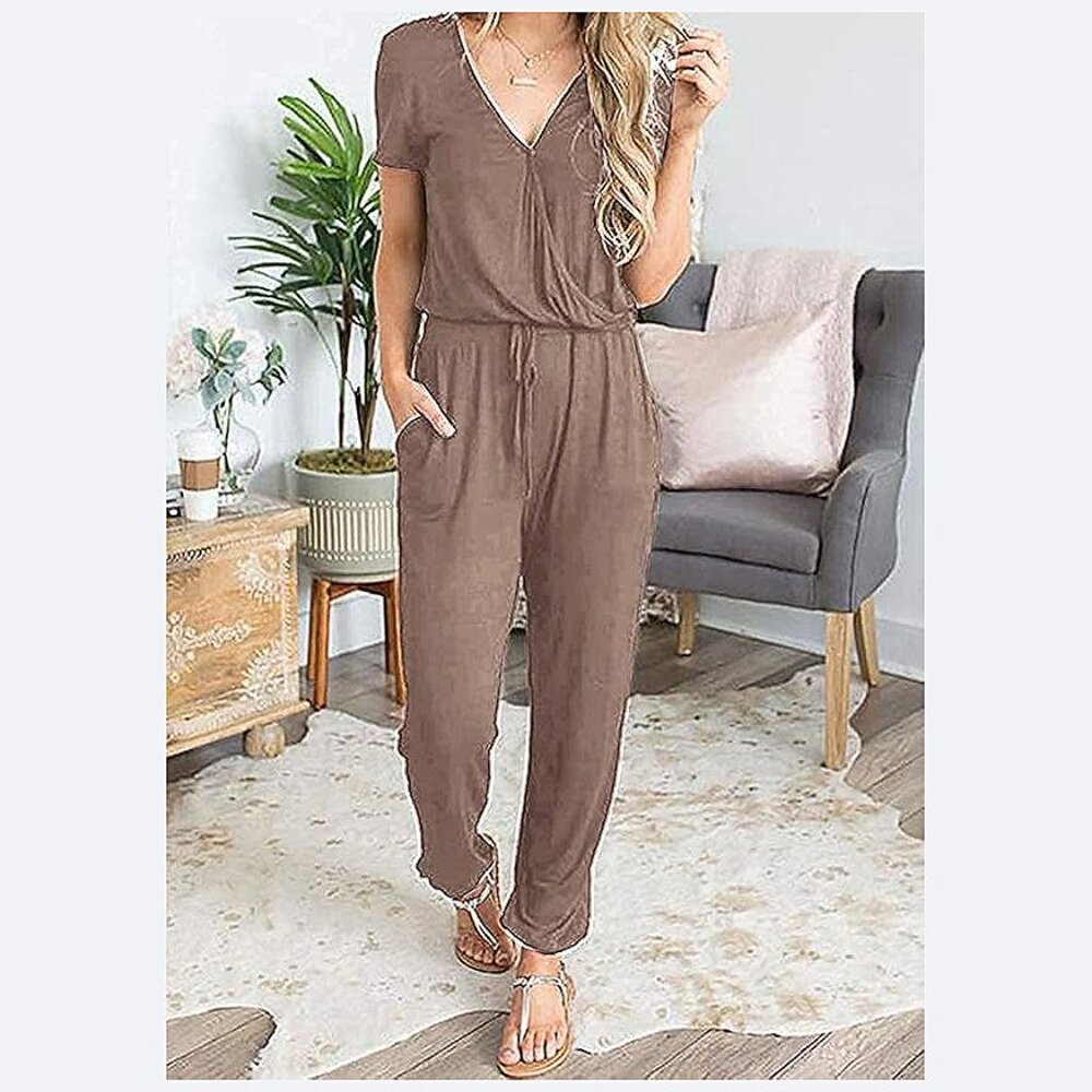 Women's Summer Casual Deep V Neck Short Sleeve Wrap Drawstring Dark Khaki - Picture 2 of 5